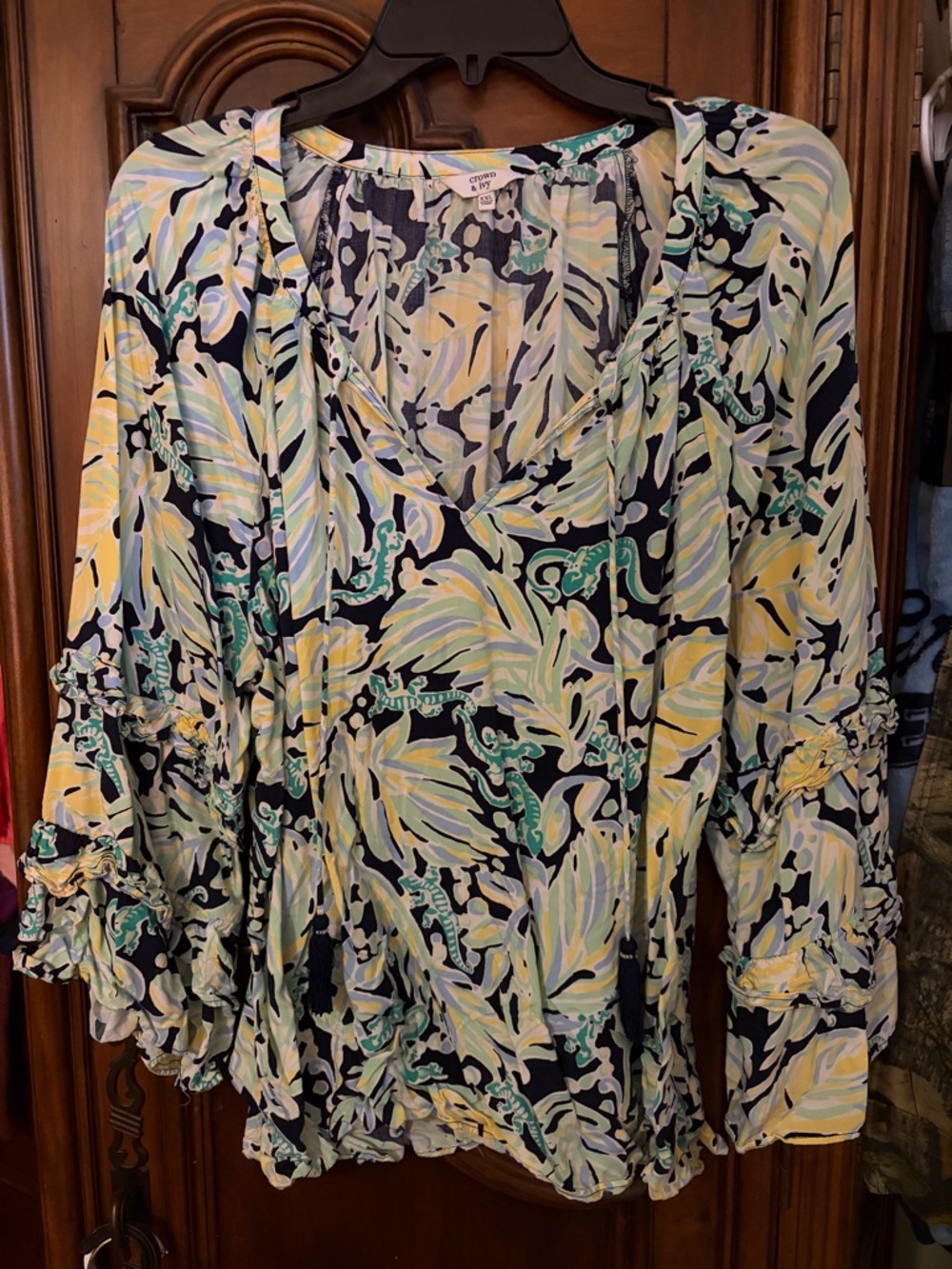 crown & ivy Navy Floral V-Neck Blouse with Yellow & Mint Accents